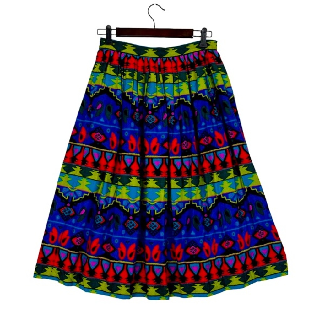 VINTAGE MEGAN MOORE Colorful Southwestern Pleated Midi Skirt Size 10 Rayon